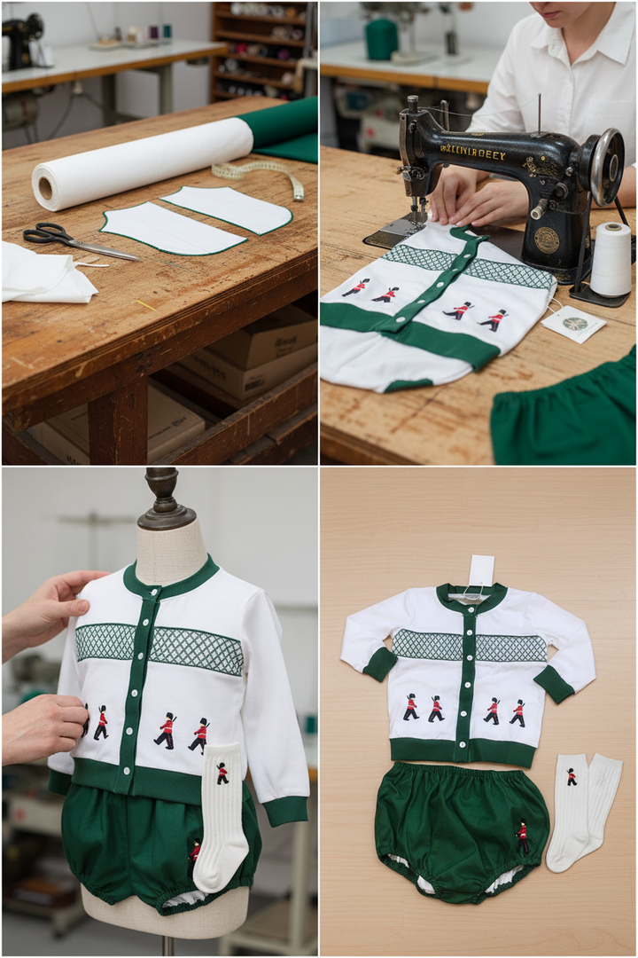 Collage of a sewing process and finished children's clothing with green and white design.