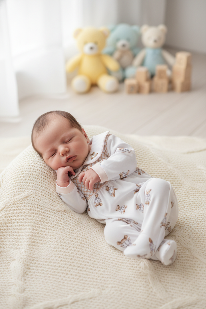 Ocean Baby Boys Smocked White Teddy Sleepsuit & Bib Set (NB-12M)