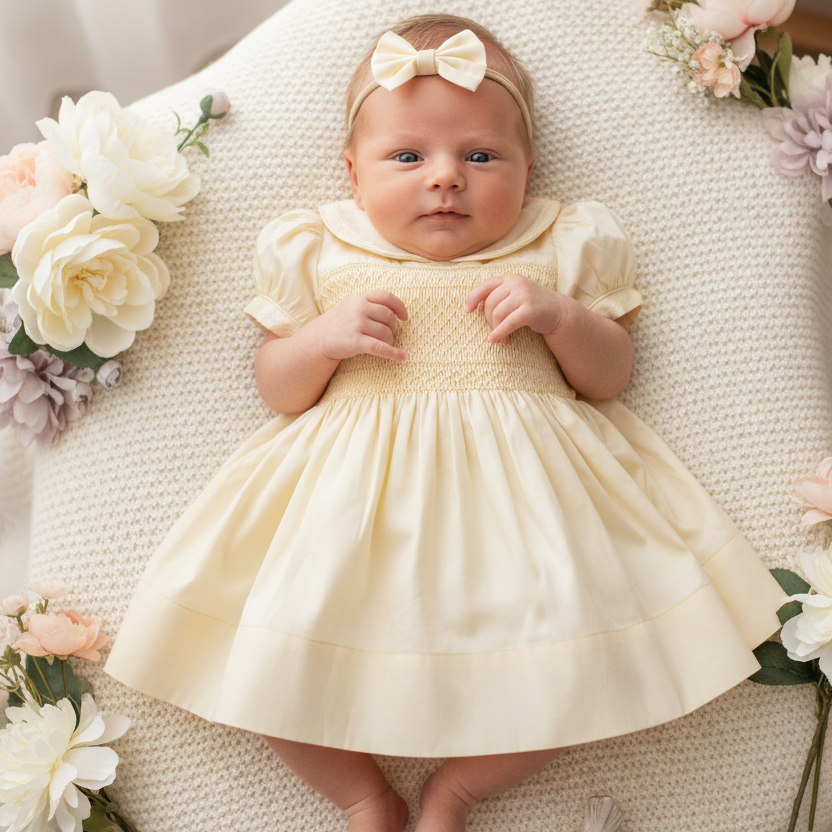 Ocean Baby Girls Champagne Lux Collection Sateen Smocked Front & Back Petticoat Layered Dress (NB-8Yrs)