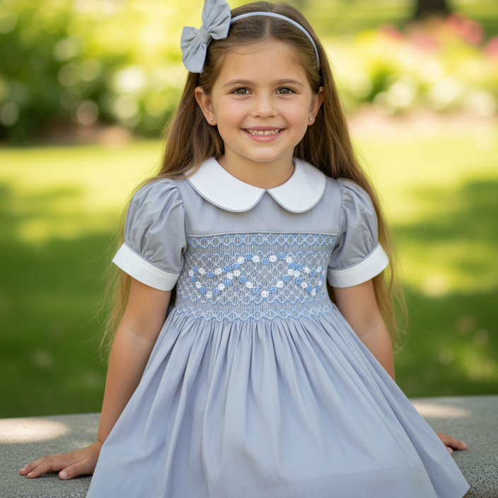 grey silver baby dress smocked old fashioned handmade dresses