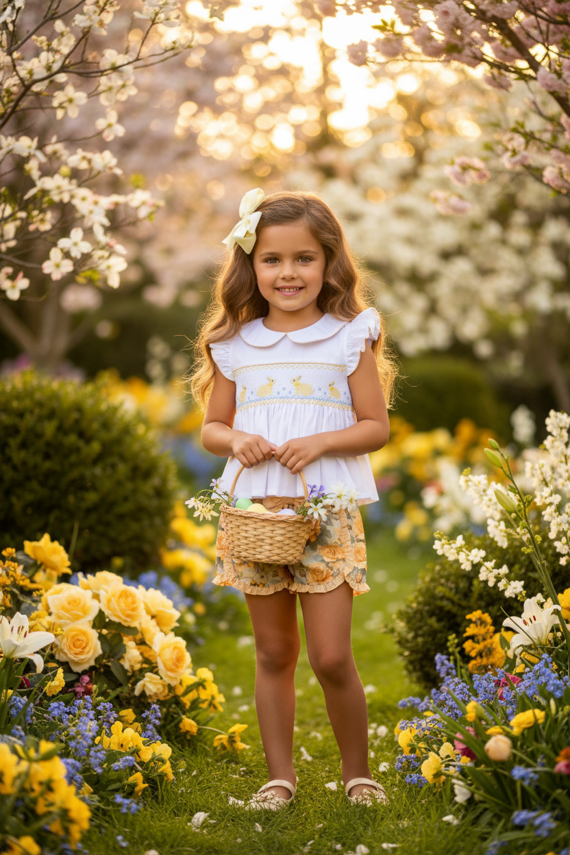 Ocean Baby Girls Vintage Bunny Lemon Rose Smocked Shorts Set (12M-10Y)