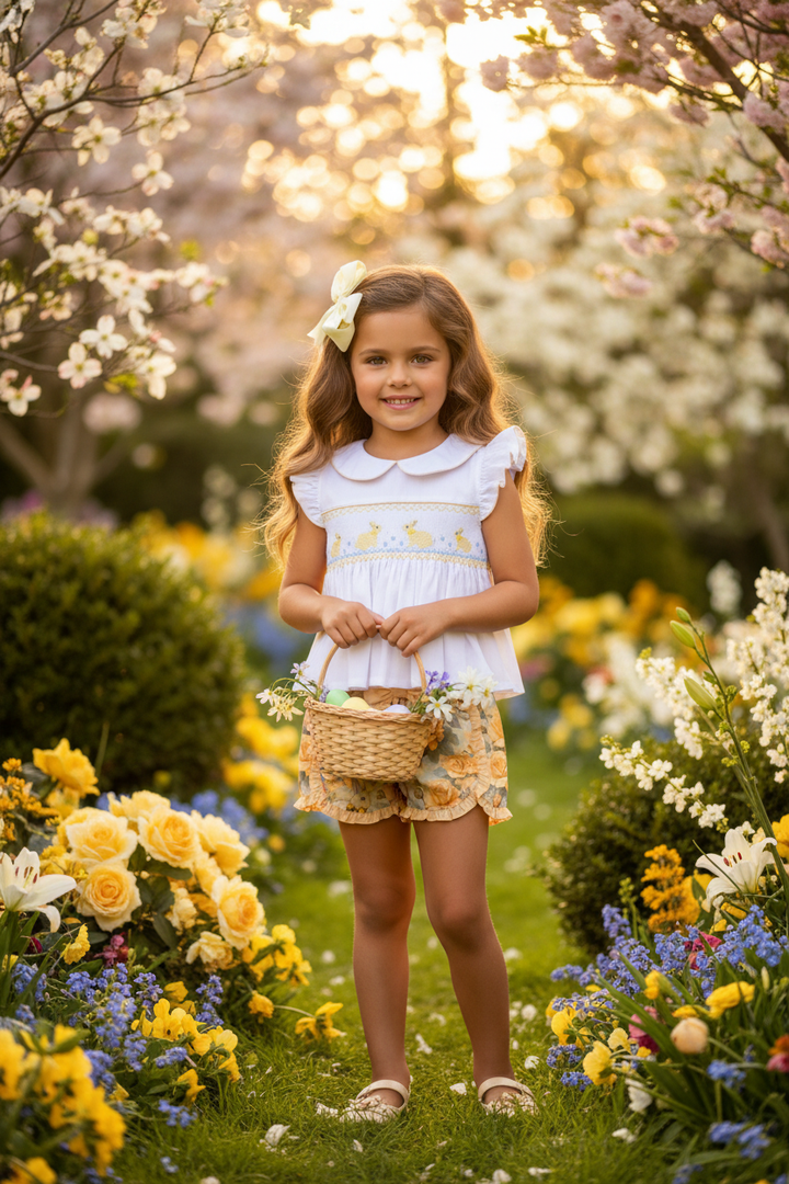 Ocean Baby Girls Vintage Bunny Lemon Rose Smocked Shorts Set (12M-10Y)