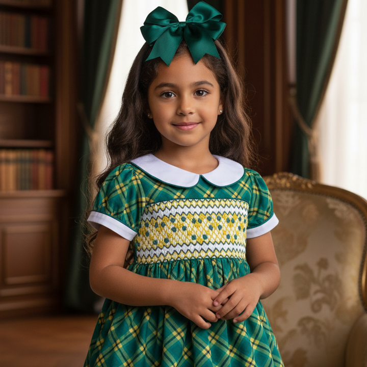 Ocean Baby Girls Green & Lemon Plaid Smocked Petticoat Layered Dress - (NB-8Yrs)