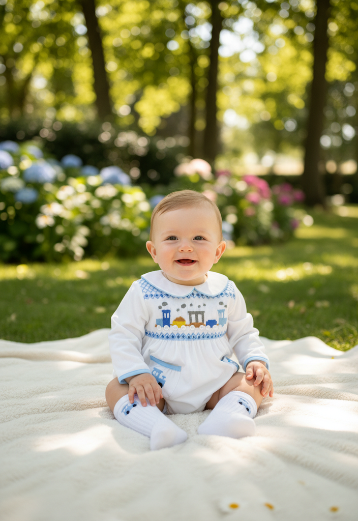 Ocean Baby Boys Train Theme Hand-Smocked Bubble Suit Set (NB-2Y)