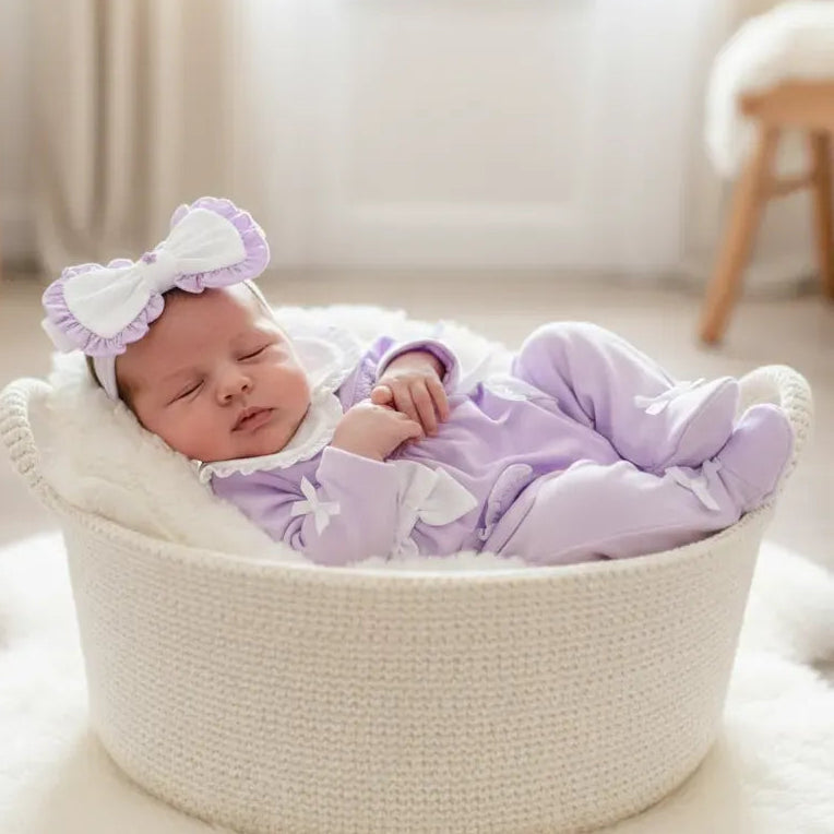 Ocean Baby Girls Smocked Lilac Pearl Heart Sleepsuit & Headband Set (NB-18M)