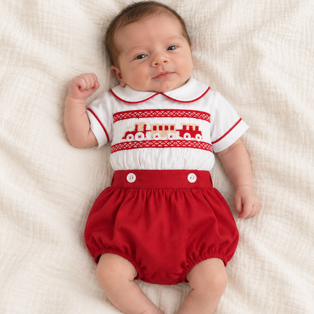 Ocean Baby Scarlet Frost Train Themed Smocked Buster Suit (NB-3Yrs)