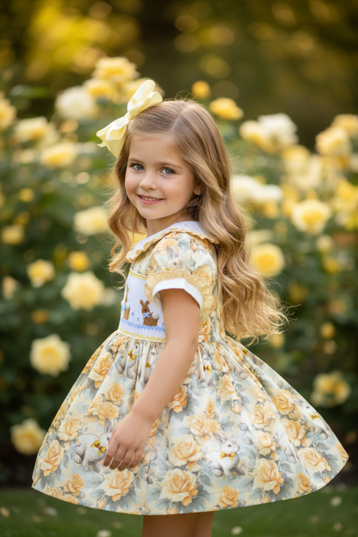 Ocean Baby Vintage Bunny Smocked Lemon Rose Petticoat Layered Dress (NB-8Yrs)