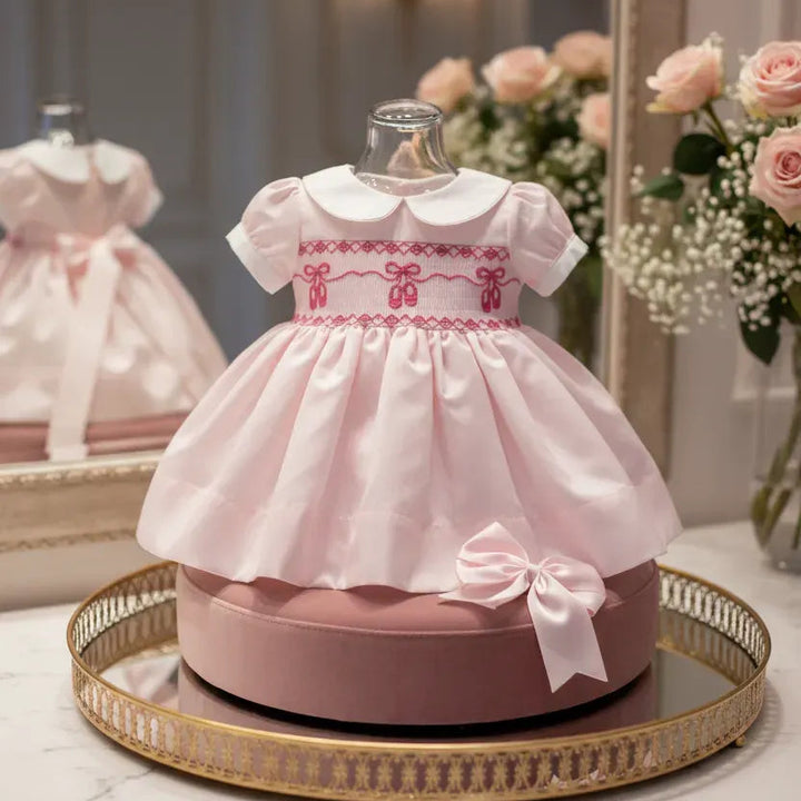 pink girls smocked dress ballerina themed baby dress