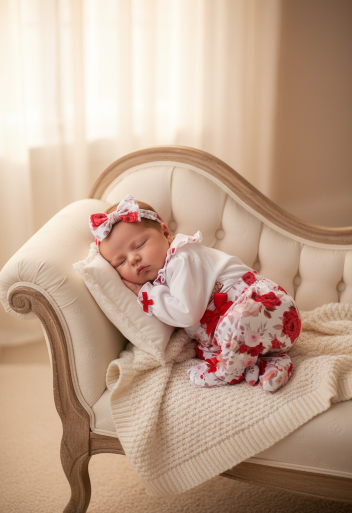 Ocean Baby New Concept Smocked Sleepsuit-Outfit & Headband Set (NB-18M) Rose Rocking Horse