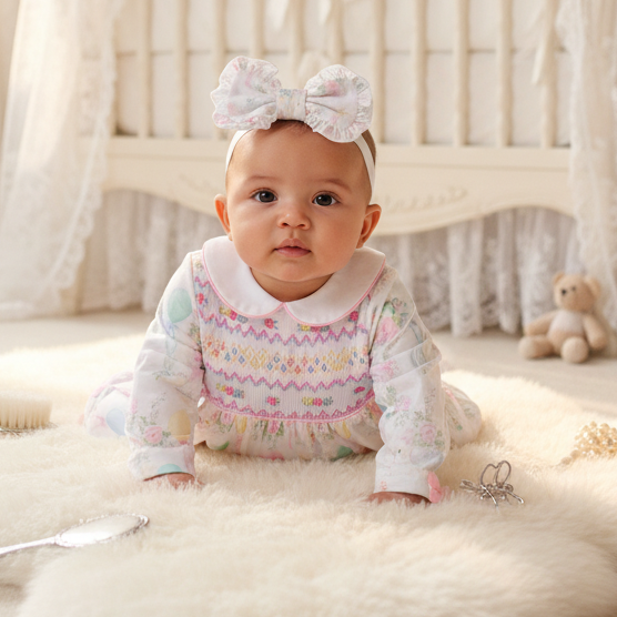 Ocean Baby Girls Smocked Pastel Teddy Bear Sleepsuit & Headband Set (NB-18M)