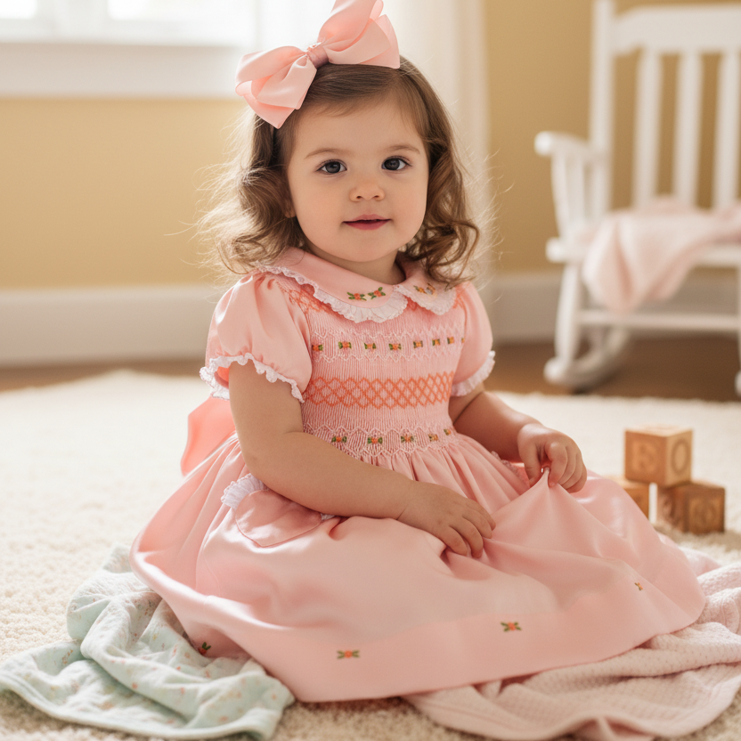 peach satin baby smocked dress girls smocked dress