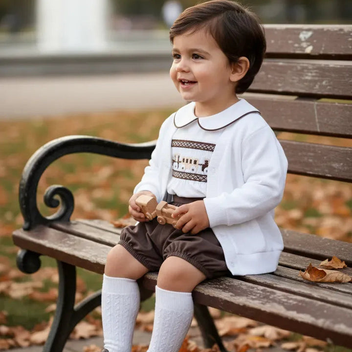 smocked brown baby boys outfit train themed