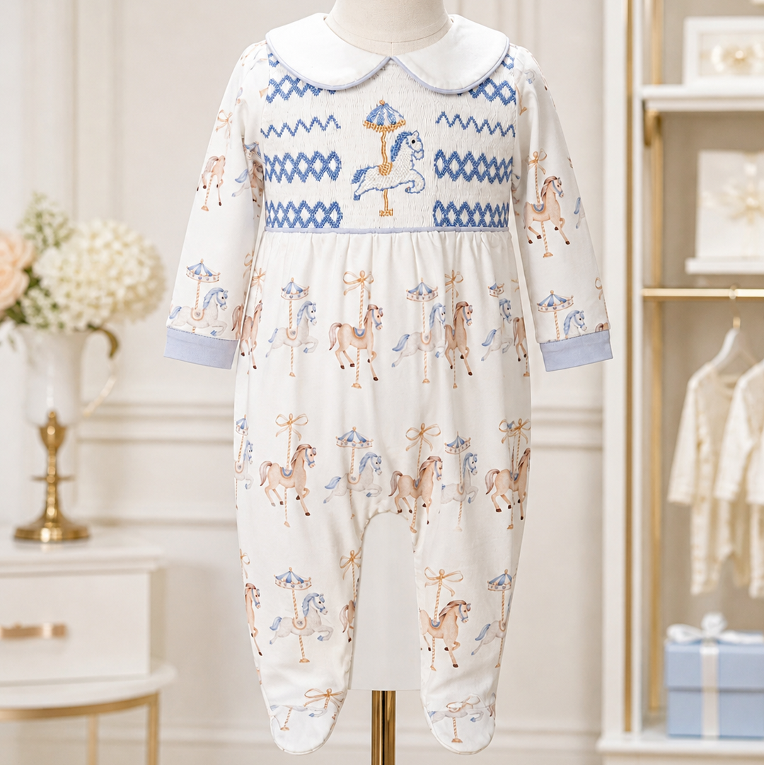 Ocean Baby Boys Carousel Smocked Sleepsuit & Bib Set (NB-18M)