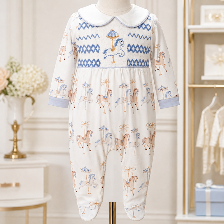 Ocean Baby Boys Carousel Smocked Sleepsuit & Bib Set (NB-18M)