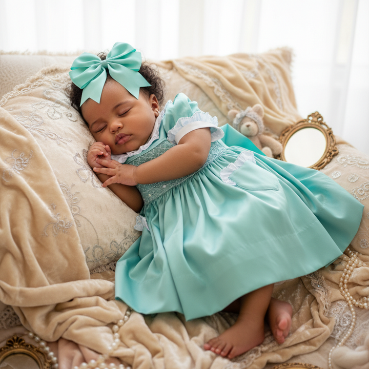 Ocean Baby Girls Exclusive Marine Lux Collection Satin Smocked Petticoat Layered Dress (3M-8Yrs)