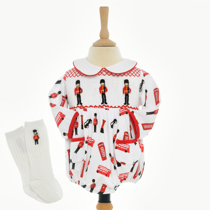 Ocean Baby Boys London Soldier Smocked Bubble Suit Set White (NB-2Yrs)