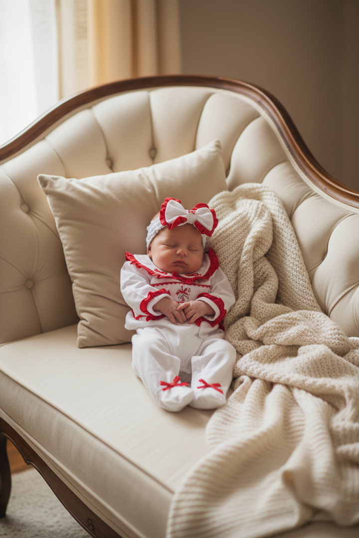 Ocean Baby Girls Red Smocked Rocking Horse Sleepsuit & Headband Set (NB-18M)