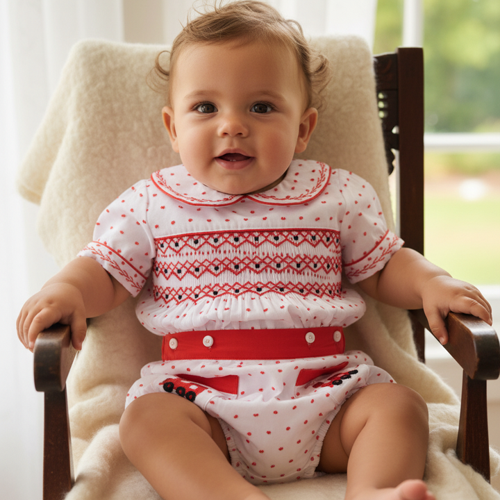 Ocean Baby Boys Red Swiss Dot Train Smocked Buster Pants Outfit (NB-3Yrs)