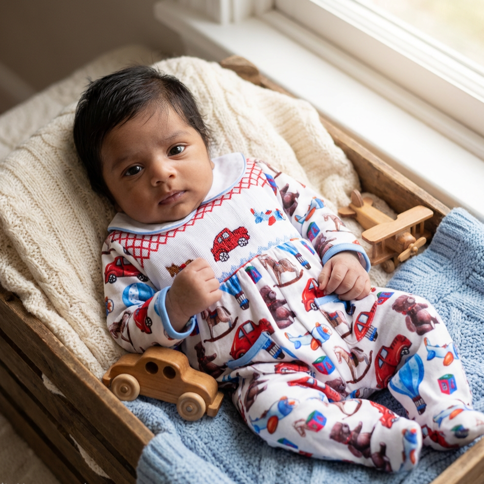 Ocean Baby Boys Smocked Vintage Toy Sleepsuit & Bib Set (NB-18M)