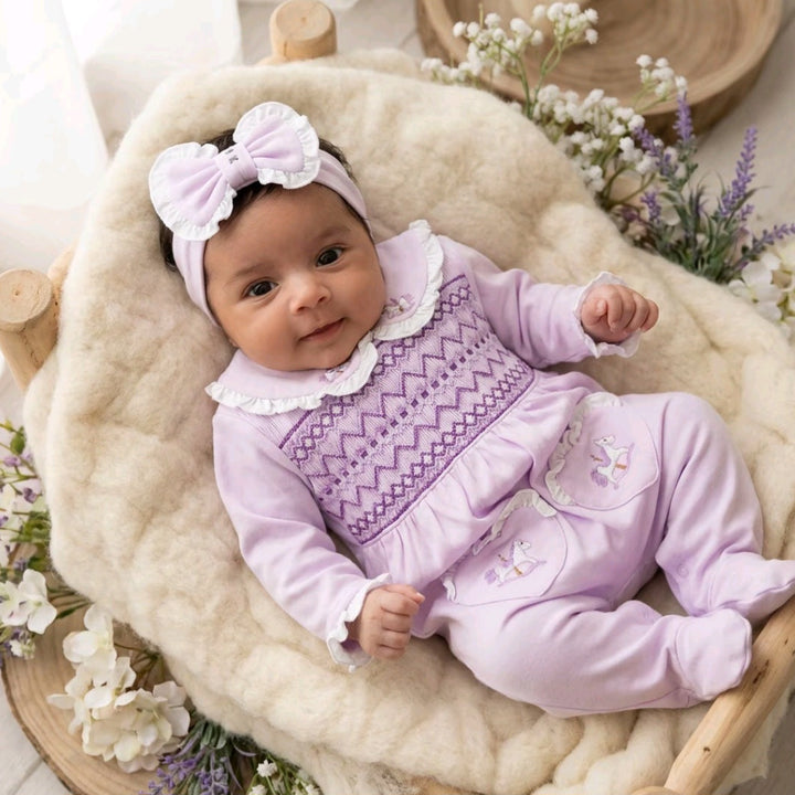 Ocean Baby Girls Lavender Carousel Smocked Sleepsuit & Headband Set (NB-18M)