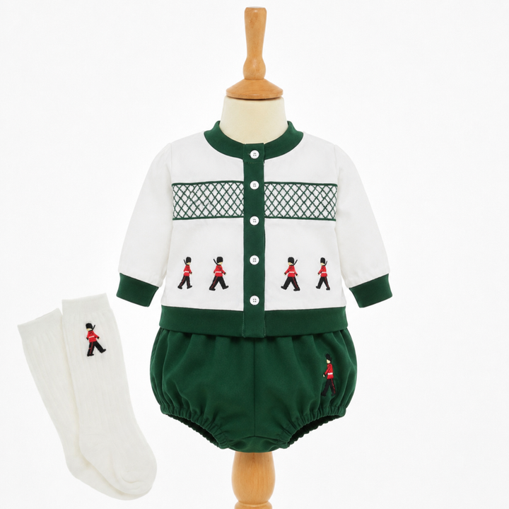 Ocean Baby Boys Emerald King's Soldier Smocked Cardigan & Pants Outfit (NB-3Yrs)