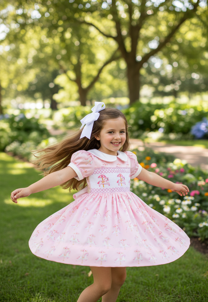Ocean Baby Smocked Pink Carousel Petticoat Layered Dress (NB-4YRS)