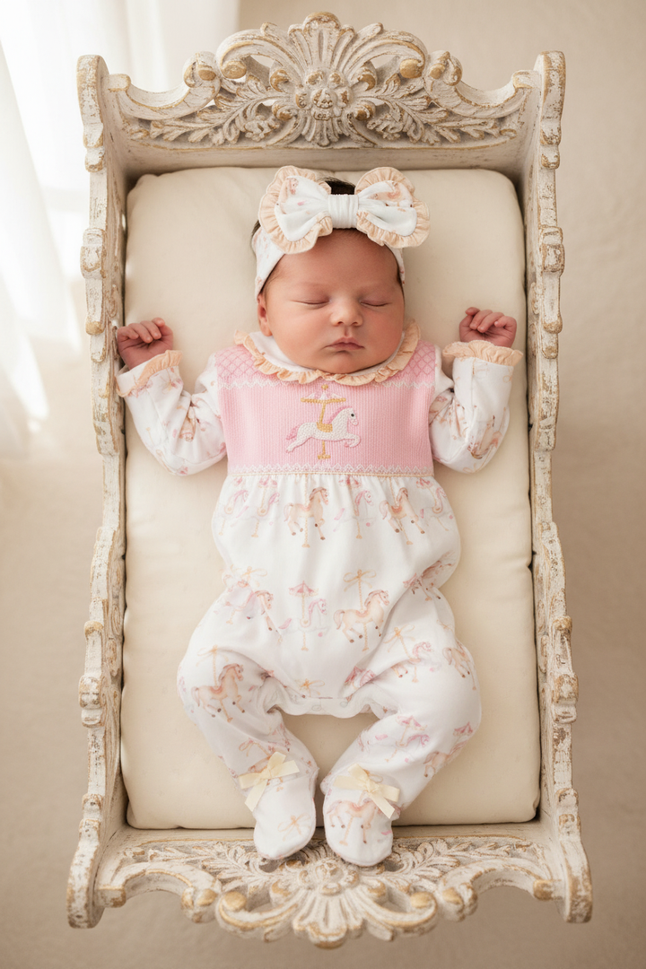 Ocean Baby Girls Smocked Carousel Themed Sleepsuit & Headband Set (NB-18M)