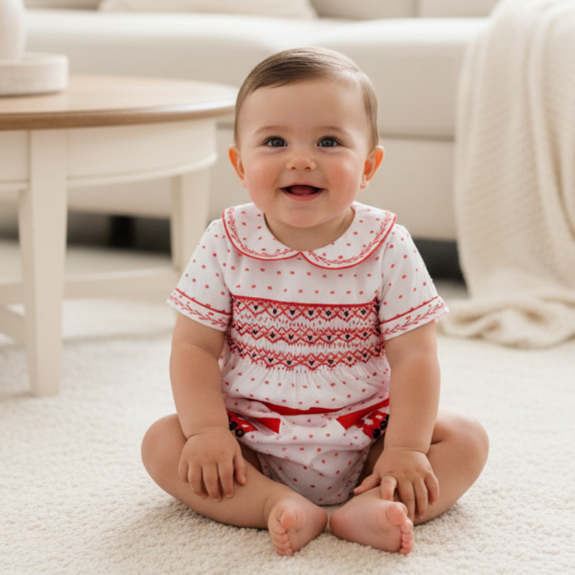 Ocean Baby Boys Red Swiss Dot Train Smocked Buster Pants Outfit (NB-3Yrs)
