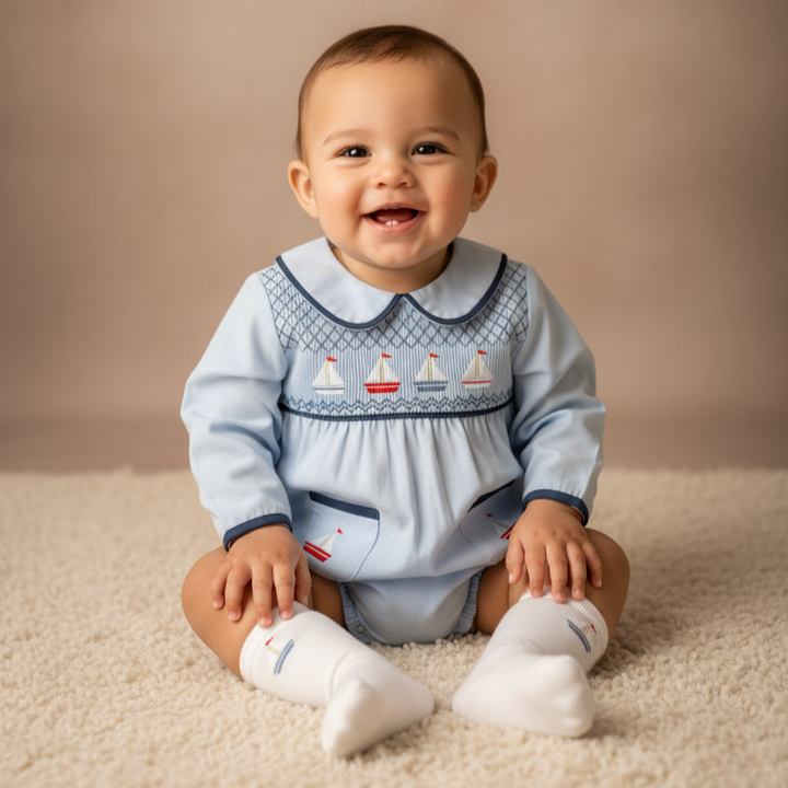 Ocean Baby Boys Sail Boat Smocked Bubble Suit Set (NB-3Yrs)