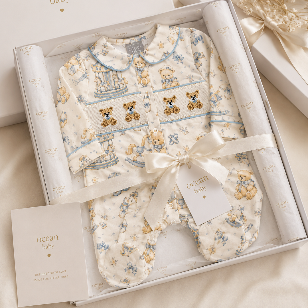 Ocean Baby Boys Cream Little Carousel Hand Smocked & Embroidered Sleepsuit (NB-18M)