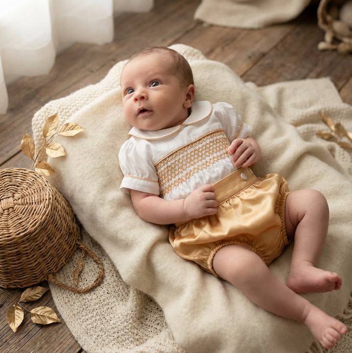 Ocean Baby Boys Amber Gold Smocked Satin Buster Suit (NB-3Y)