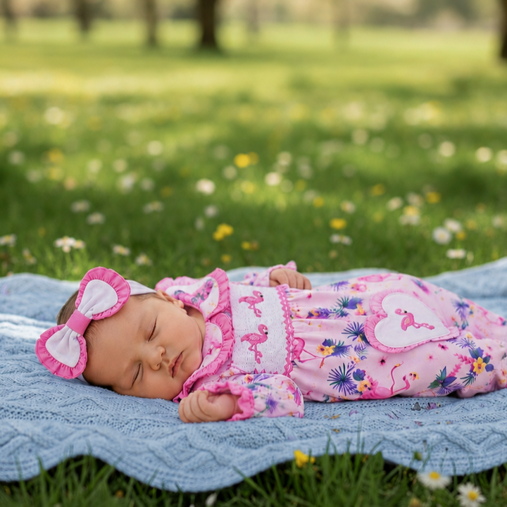 Ocean Baby Girls Smocked Flamingo Sleepsuit & Headband Set (NB-18M)
