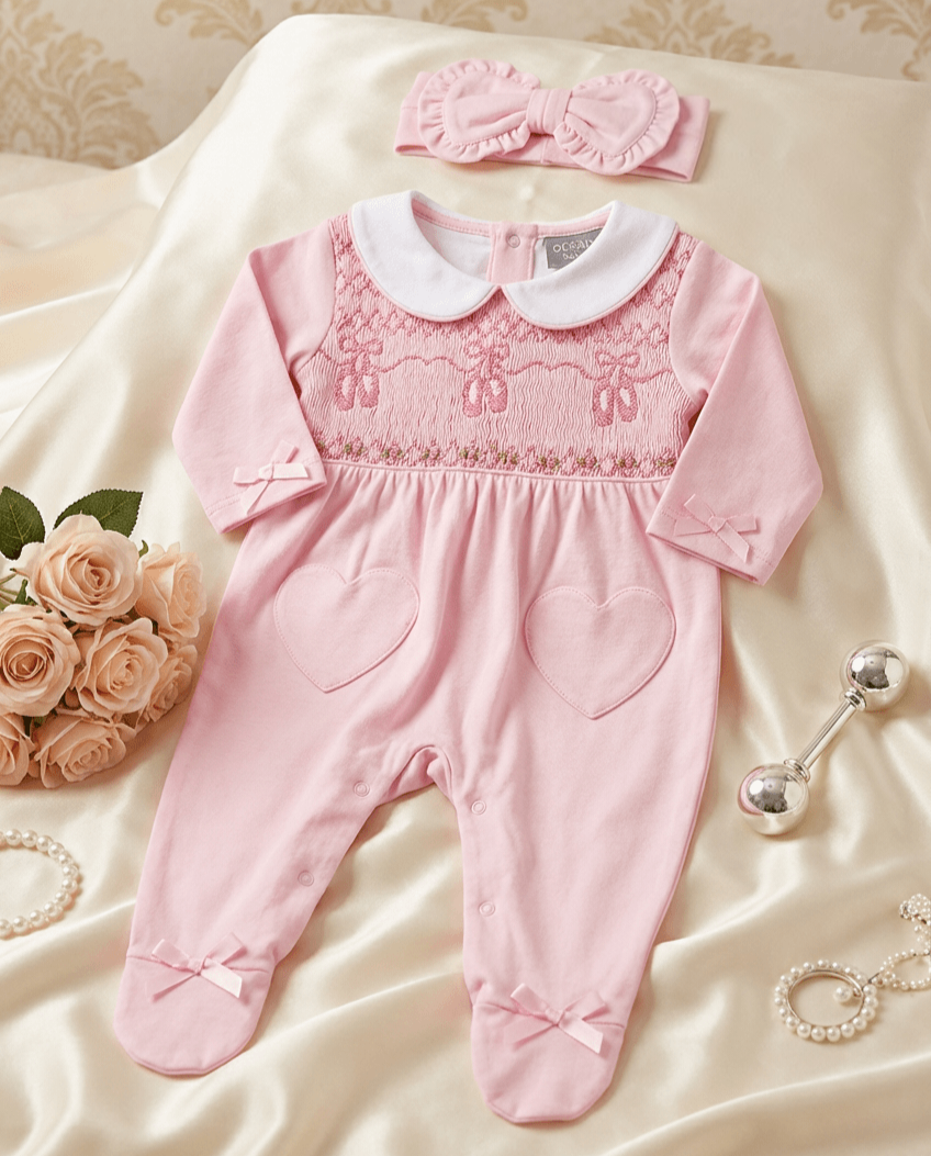 Ocean Baby Girls Pink Ballerina Slippers Smocked Sleepsuit & Headband Set (NB-18M)