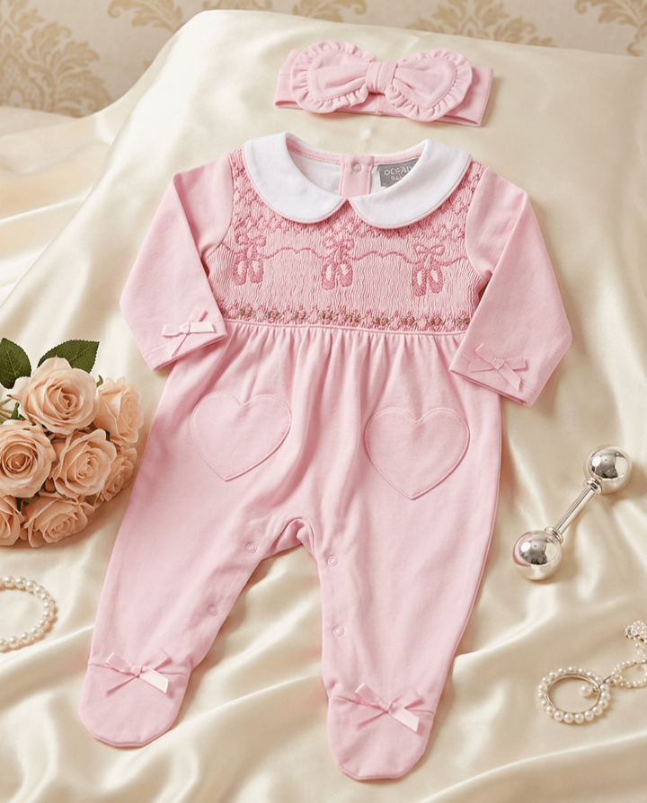 Ocean Baby Girls Pink Ballerina Slippers Smocked Sleepsuit & Headband Set (NB-18M)