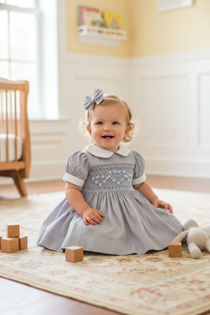 Ocean Baby Girls Platinum & Powder Blue Sateen Smocked Petticoat Layered Dress - (NB-10Yrs)