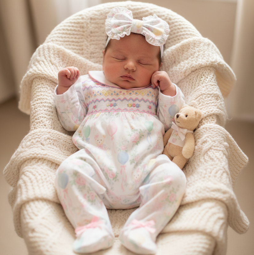Ocean Baby Girls Smocked Pastel Teddy Bear Sleepsuit & Headband Set (NB-18M)