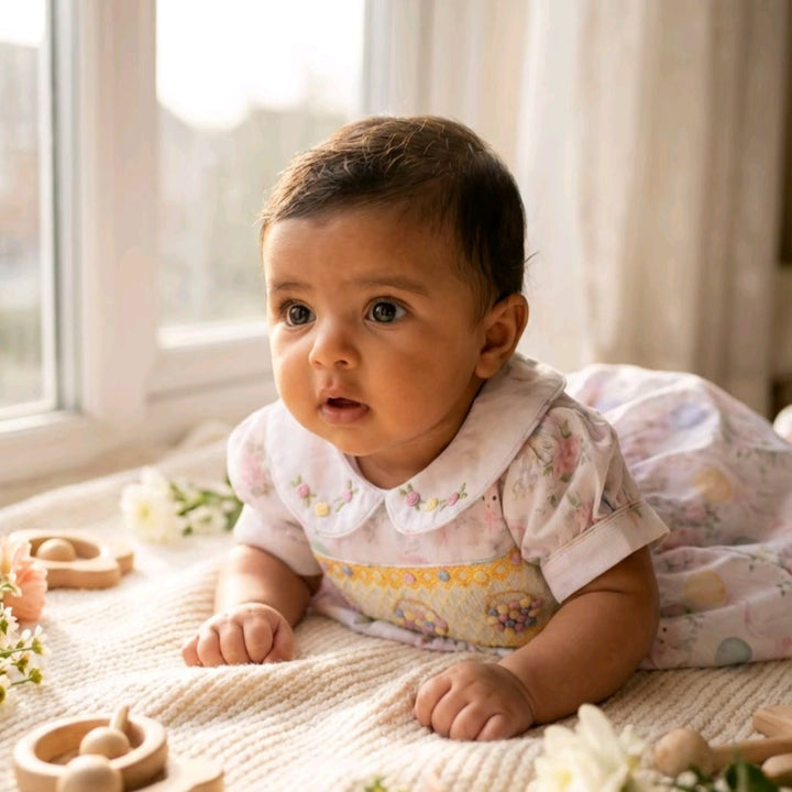 Ocean Baby Girls Smocked Pastel Teddy Bear Themed Dress (NB-6Y)