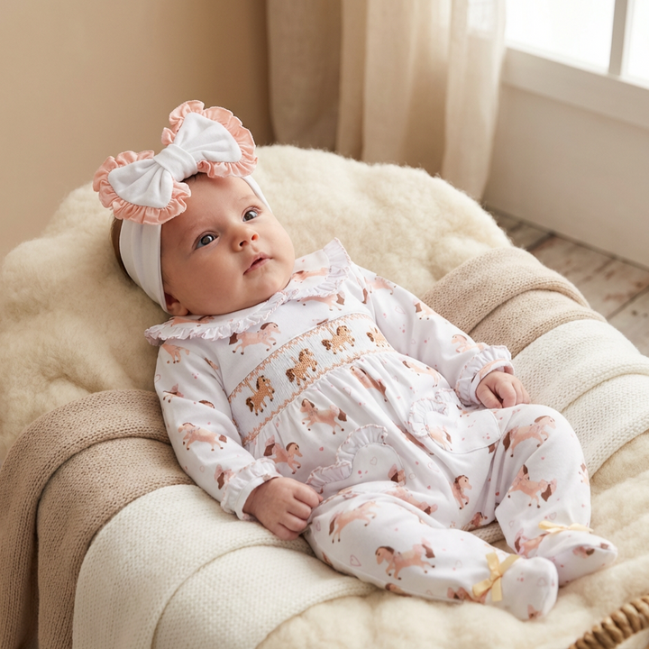 Ocean Baby Girls Peach Carousel Horse Smocked Sleepsuit & Headband Set (NB-12M)
