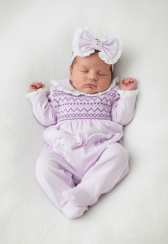 Ocean Baby Girls Lavender Carousel Smocked Sleepsuit & Headband Set (NB-18M)
