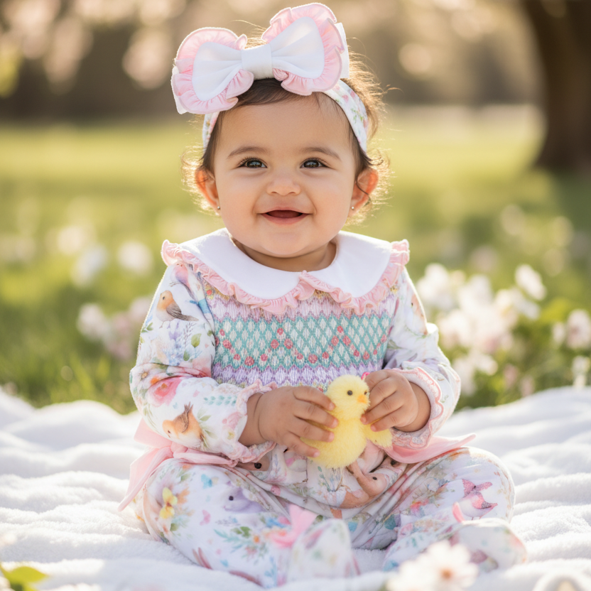 Ocean Baby Girls Smocked Floral Bunny & Birds Sleepsuit & Headband Set (NB-18M)