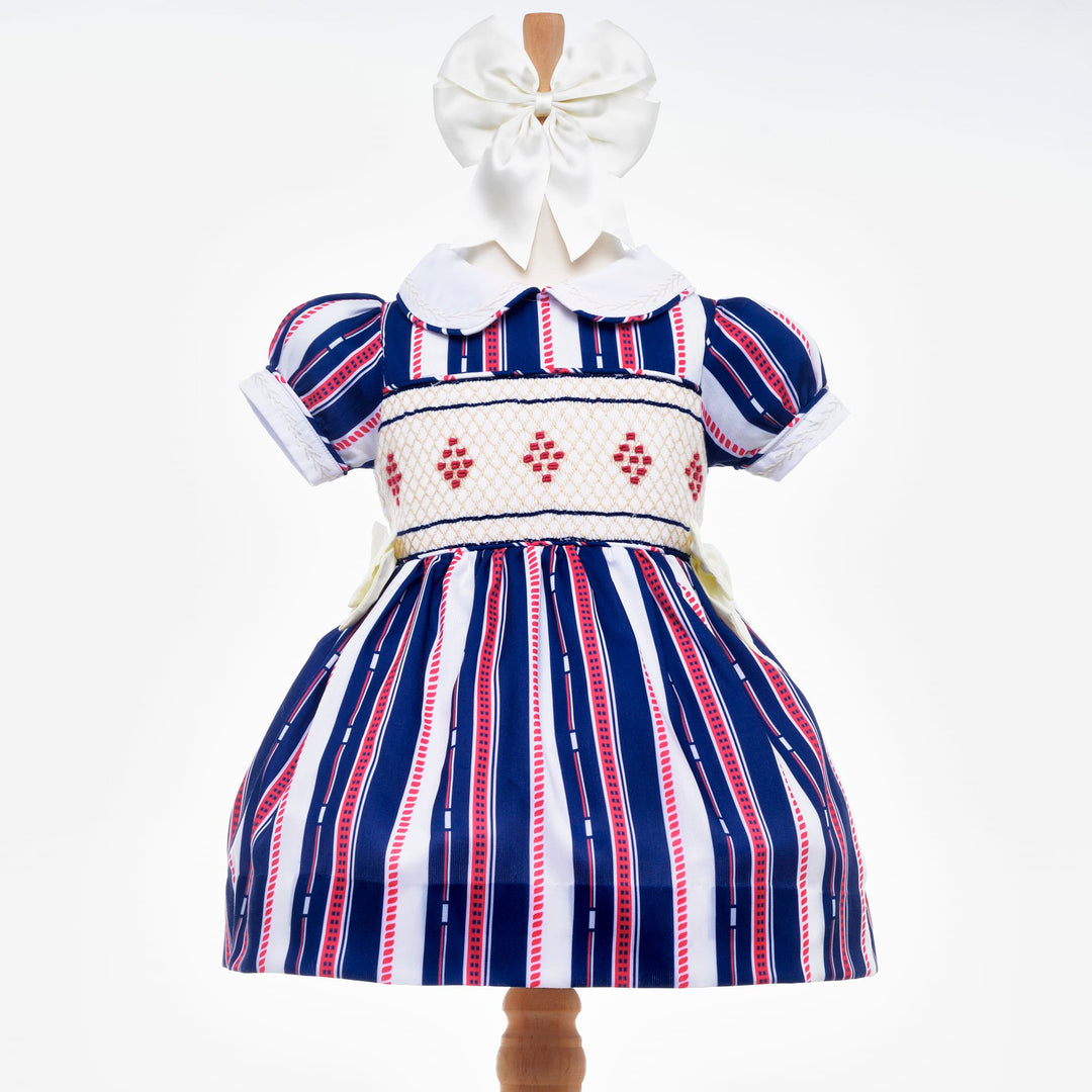 girls navy red and white smocked dress