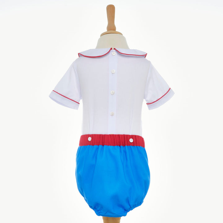 baby boys blue and red smocked buster