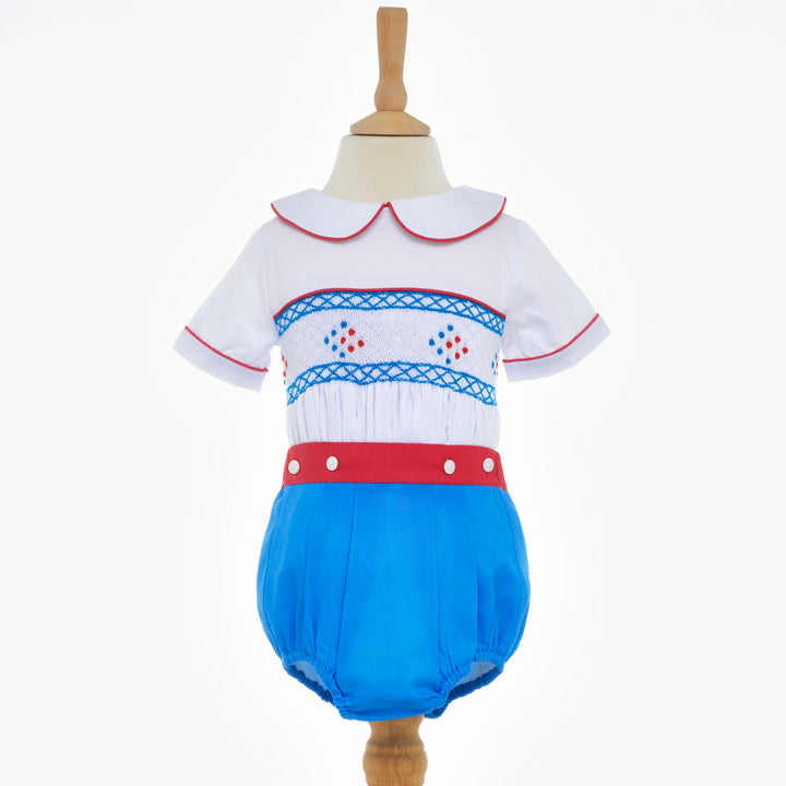 baby boys blue and red smocked buster