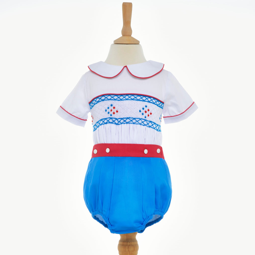 baby boys blue and red smocked buster