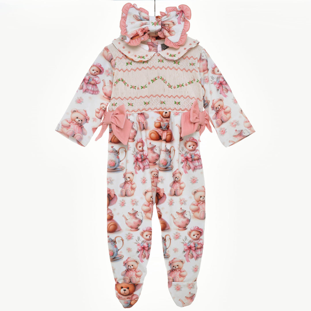 baby girl teddy tea party smocked sleepsuit