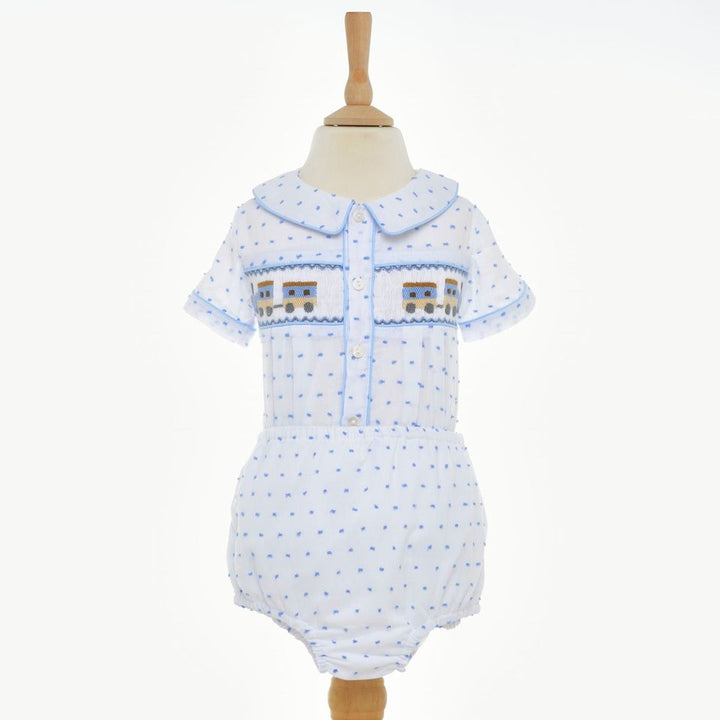 boys smocked swiss dot buster set