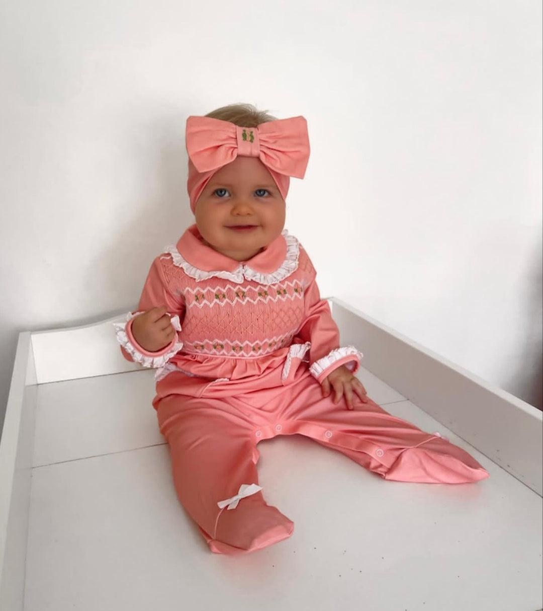 Ocean Baby Girls Peach Smocked Sleepsuit & Headband Set (NB-18M) - As Featured in British Vogue