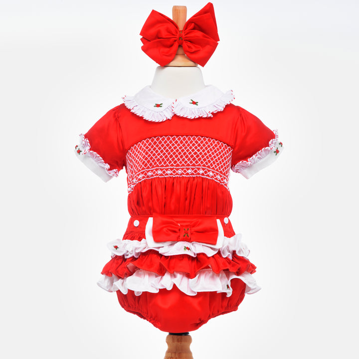 smocked red satin girls suit set