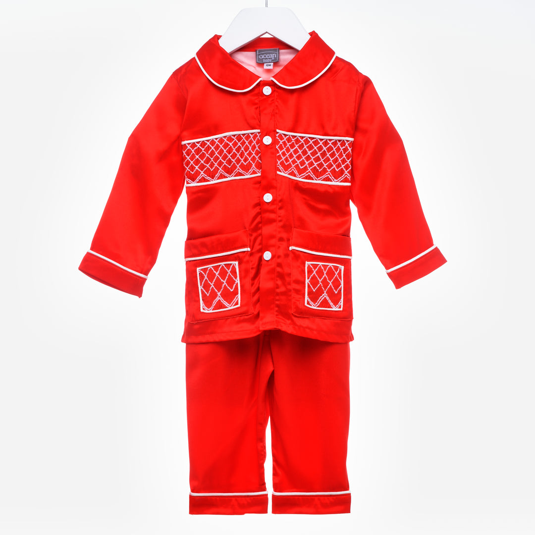 boys red pjs sating smocked pjs