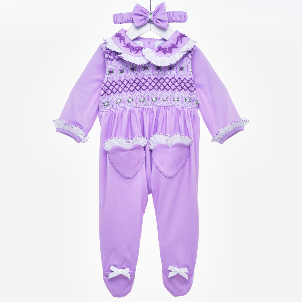 lilac baby smocked sleepsuit
